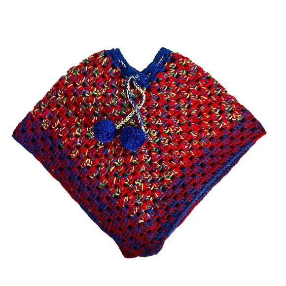 Handmade Vintage Poncho Kids Poncho Cape Drawstring Pom Pom Heavyweight Shawl - Picture 10 of 11